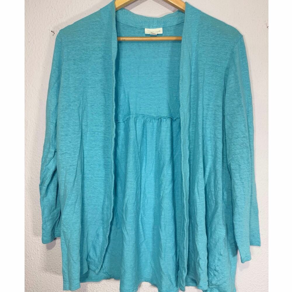 J. Jill Coastal Blue Open Front Womens Cardigan Flowy Size L Linen Travel Beach